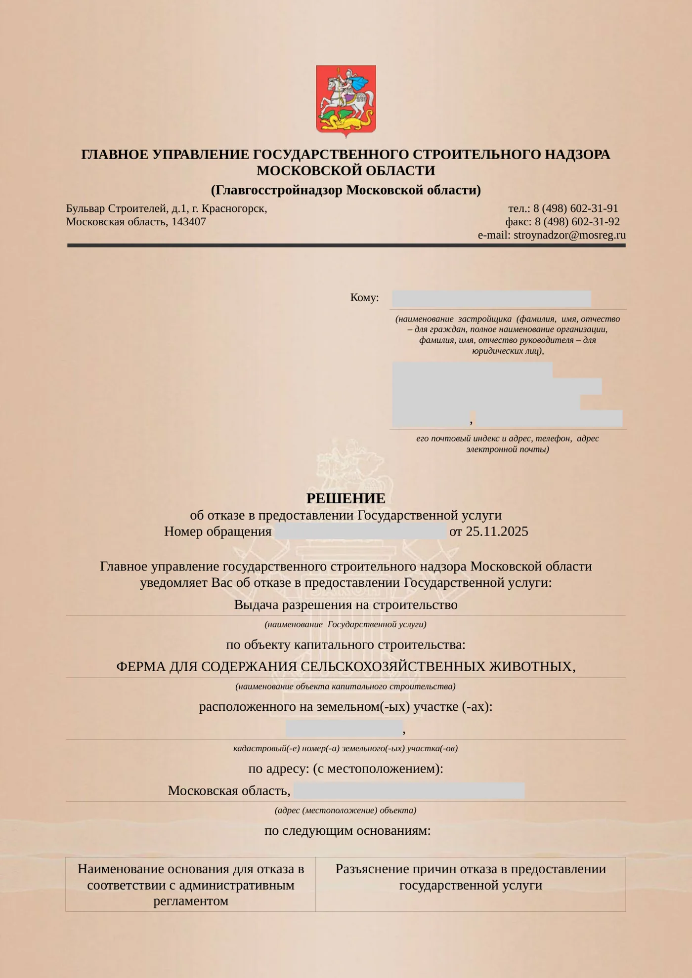 Решение Главгосстройнадзора МО об отказе в выдаче разрешения на строительство